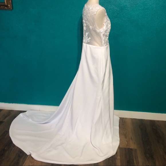 High Neck Satin Lace Sleeveless Sweep Train Gown - Picture 5 of 8